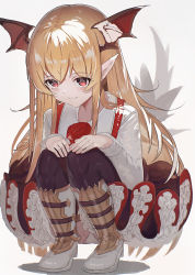 Rule 34 | 1girl, absurdres, bat wings, blonde hair, bright pupils, brown thighhighs, closed mouth, dress, fang, flower, frilled dress, frills, grey background, hair between eyes, hand on own knee, head wings, highres, long hair, pink eyes, pointy ears, red flower, red rose, rose, ryes 8, shingeki no bahamut, simple background, smile, solo, squatting, tail, thighhighs, vampire, vampy, white footwear, white pupils, wings