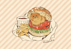 Rule 34 | animal focus, burger, dog, food, food focus, french fries, lettuce, mojacookie, no humans, plate, pomeranian (dog), sauce, signature, striped, striped background, tomato, twitter username