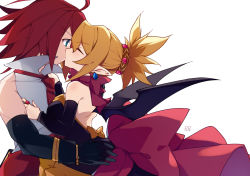Rule 34 | 1boy, 1girl, absurdres, adell (disgaea), ahoge, artist name, back, backless dress, backless outfit, bare back, bare shoulders, bat wings, black gloves, black wings, blonde hair, blue eyes, bow, chinese commentary, closed mouth, detached sleeves, disgaea, dress, dress bow, earrings, closed eyes, from side, gloves, hetero, highres, huge ahoge, jewelry, kiss, long sleeves, makai senki disgaea 2, necktie, pointy ears, pupa jiang, red hair, red necktie, ring, rozalin, short hair, simple background, white background, wings, yellow bow
