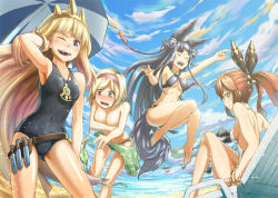 Rule 34 | 10s, 4girls, accidental exposure, animal ears, barefoot, beach, bikini, unworn bikini top, black bikini, black hair, blonde hair, blush, breasts, brown hair, cagliostro (granblue fantasy), casual one-piece swimsuit, clarisse (granblue fantasy), cloud, covered navel, covering privates, covering breasts, crown, day, djeeta (granblue fantasy), embarrassed, erune, closed eyes, granblue fantasy, green bikini, green eyes, hair ornament, hairband, iroia, jewelry, long hair, looking at viewer, multiple girls, navel, necklace, ocean, one-piece swimsuit, open mouth, orange eyes, outdoors, purple eyes, sara (granblue fantasy), short hair, sky, smile, swimsuit, tail, topless, wardrobe malfunction, white one-piece swimsuit, yuel (granblue fantasy), yuri