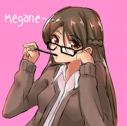 Rule 34 | 1girl, braid, breasts, brown eyes, brown hair, cardigan, enki (dragonfire), food, freckles, french braid, glasses, head rest, long hair, original, pink background, pocky, simple background, small breasts, solo