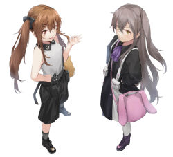 Rule 34 | 2girls, :3, aged down, ascot, bag, black dress, black shorts, blush, brown eyes, brown hair, collared shirt, crossed bangs, dress, girls&#039; frontline, hair between eyes, hair ornament, hand on own hip, hand up, hands on own hips, highres, ina (inadiary), long hair, looking at viewer, multiple girls, official alternate costume, ok sign, one side up, scar, scar across eye, scar on face, shirt, shoes, shorts, shoulder bag, simple background, sleeveless, sleeveless shirt, smile, sneakers, ump45 (agent lop rabbit) (girls&#039; frontline), ump45 (girls&#039; frontline), ump9 (girls&#039; frontline), ump9 (shiba investigator) (girls&#039; frontline), white background, white shirt, yellow eyes