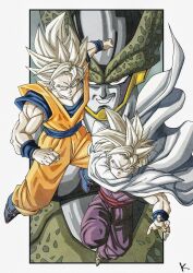 Rule 34 | 3boys, blonde hair, blue eyes, cape, cell (dragon ball), clenched hands, dragon ball, dragonball z, father and son, highres, jumpsuit, kakeru (dbskakeru), looking at viewer, male focus, multiple boys, orange jumpsuit, perfect cell, purple jumpsuit, red eyes, shoes, simple background, sleeveless, son gohan, son goku, spiked hair, super saiyan, toriyama akira (style), white cape