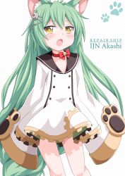Rule 34 | 1girl, :3, :d, akashi (azur lane), animal ears, azur lane, bell, black sailor collar, blush, bow, brown eyes, cat ears, character name, choker, commentary request, dress, green hair, grey background, hair between eyes, hair ornament, jingle bell, kagerou (kers), long hair, long sleeves, looking at viewer, mole, mole under eye, open mouth, paw print, red bow, red choker, sailor collar, sailor dress, sidelocks, simple background, sleeves past fingers, sleeves past wrists, smile, solo, very long hair, white dress, wide sleeves