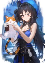Rule 34 | 1girl, :o, absurdres, adamosina, animal, bare shoulders, black gloves, black hair, bow, breasts, cat, cleavage, dress, gloves, hat, highres, holding, holding animal, holding cat, long hair, multicolored hair, open mouth, sketch, tacet mark (wuthering waves), wuthering waves, yangyang (wuthering waves)
