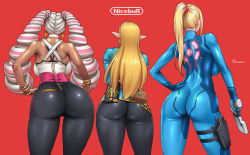 Rule 34 | 3girls, arms (game), artist name, ass, ass focus, backboob, bare shoulders, black pants, blonde hair, blue bodysuit, bodysuit, bracelet, brand name imitation, breasts, butt crack, company connection, crossover, curvy, dark-skinned female, dark skin, drill hair, earrings, english text, female focus, from behind, gun, halterneck, hand on own hip, hands on own hips, height difference, high ponytail, hip focus, holding, holding weapon, holster, huge ass, jewelry, large breasts, long hair, metroid, multicolored hair, multiple girls, nintendo, onomeshin, pants, pink hair, pointy ears, ponytail, pouch, princess zelda, red background, samus aran, sideboob, simple background, skin tight, standing, the legend of zelda, the legend of zelda: breath of the wild, thick thighs, thigh holster, thighs, tight clothes, tight pants, twin drills, twintails, twintelle (arms), two-tone hair, very long hair, weapon, white hair, wide hips, zero suit, zipper