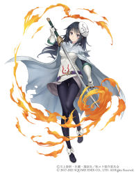 Rule 34 | 1girl, black eyes, black hair, cape, crossover, fire, full body, gloves, holding, holding sword, holding weapon, izawa shizue, ji no, long hair, looking at viewer, mask, mask on head, official art, pyrokinesis, sinoalice, smile, solo, square enix, sword, tensei shitara slime datta ken, torn cape, torn clothes, unworn mask, weapon, white background, white gloves