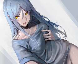 Rule 34 | 1girl, abyssal ship, alternate costume, blue hair, blue shirt, blush, bottomless, breasts, eyes visible through hair, grabbing own breast, hair between eyes, kantai collection, long hair, medium breasts, naked shirt, open mouth, out-of-frame censoring, shirt, short sleeves, simple background, solo, t-shirt, ta-class battleship, walzrj, yellow eyes