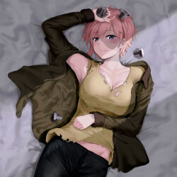 Rule 34 | 1girl, absurdres, black pants, blush, breasts, brown jacket, cleavage, closed mouth, collarbone, commentary request, cosplay, frankenstein, frankenstein&#039;s monster, frankenstein&#039;s monster (cosplay), go-toubun no hanayome, highres, holding, jacket, large breasts, long sleeves, looking at viewer, lying, midriff peek, nakano ichika, nut (hardware), on back, open clothes, open jacket, pants, pink hair, purple eyes, ricky (haye4843), shirt, short hair, solo, stitches, torn clothes, torn shirt, upper body, yellow shirt