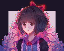 Rule 34 | 1girl, artist name, black hair, black shirt, blue-framed eyewear, bow, brown eyes, center frills, closed mouth, collared shirt, commentary, english commentary, floral background, flower, frills, glasses, hair bow, kobutanori, lilypichu, looking at viewer, offlinetv, pink flower, puffy sleeves, red bow, round eyewear, shirt, short hair, smile, solo, upper body
