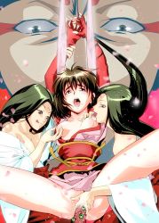 Rule 34 | 3girls, amatsu mai, arms up, black hair, bottomless, breasts, brown hair, gradient background, highres, japanese clothes, licking, long hair, miko, multiple girls, nipple stimulation, nipple tweak, nipples, rape, restrained, sex, tagme, twin angels, vaginal