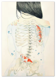 Rule 34 | 1girl, absurdres, back, black hair, blue (spin world), bone, bubble, cowboy shot, from behind, hand on own shoulder, highres, koi, long hair, original, painting (medium), ribs, skeleton, solo, spine, surreal, traditional media, water, watercolor (medium)