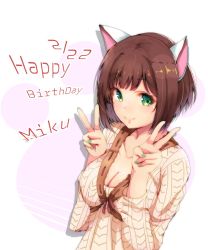 Rule 34 | 10s, 1girl, animal ears, breasts, brown hair, cat ears, character name, cleavage, collarbone, dated, double v, dress, green eyes, green nails, happy birthday, highres, idolmaster, idolmaster cinderella girls, long sleeves, looking at viewer, looking to the side, maekawa miku, nail polish, paw print, ribbed sweater, ryuu., short hair, smile, solo, sweater, sweater dress, v, white background