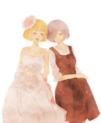 Rule 34 | 2girls, :d, apron, bad id, bad pixiv id, bare arms, bare shoulders, blonde hair, blush, bob cut, bouquet, breasts, brown apron, cleavage, closed eyes, closed mouth, collarbone, commentary request, dress, feet out of frame, flower, grey background, grey shirt, hair flower, hair ornament, hair over one eye, holding, holding bouquet, kirishima touka, kosaka yoriko, large breasts, leaning on person, leaning to the side, medium breasts, multiple girls, open mouth, pink flower, pink hair, shirt, short hair, simple background, sitting, smile, tokyo ghoul, toukaairab, wedding dress