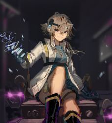 Rule 34 | 1girl, arknights, bare legs, black footwear, blue gloves, blue shirt, blurry, blurry background, boots, breasts, chest strap, clay (clayjun), commentary request, electricity, feet out of frame, gloves, glowing, glowing eyes, grey eyes, grey hair, hand up, headlamp, highres, jacket, long sleeves, looking at viewer, mayer (arknights), mayer (visionblazer in the courtyard) (arknights), medium breasts, meeboo (arknights), official alternate costume, open mouth, purple eyes, shirt, short hair with long locks, sitting, smile, solo, teeth, thigh strap, white jacket