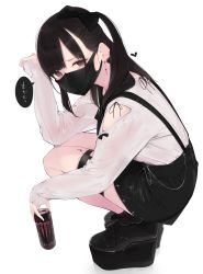 Rule 34 | 1girl, ama mitsuki, black hair, black mask, black ribbon, black skirt, brown eyes, can, chain, commentary request, cross, cross-laced footwear, cross earrings, earrings, hair ornament, hairclip, heart, high heels, highres, holding, holding can, jewelry, kneeling, long sleeves, looking at viewer, mask, medium hair, monster energy, mouth mask, multiple piercings, original, platform footwear, ribbon, shirt, shoes, simple background, skirt, sleeves past wrists, solo, speech bubble, suspender skirt, suspenders, thigh strap, translation request, twintails, white background, white shirt