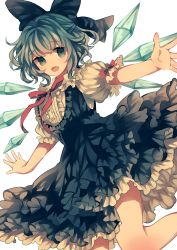 Rule 34 | 1girl, :d, bad id, bad pixiv id, blue dress, blue eyes, blue hair, bow, cirno, dress, embellished costume, folded, frilled skirt, frills, hair bow, highres, legs, looking at viewer, namakuby, open hands, open mouth, outstretched arms, puffy short sleeves, puffy sleeves, red ribbon, ribbon, short hair, short sleeves, simple background, skirt, smile, solo, spread arms, touhou, white background, wings