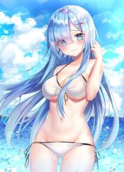 Rule 34 | 1girl, alternate hair length, alternate hairstyle, bad id, bad twitter id, bare arms, bare shoulders, bikini, blue eyes, blue hair, blue sky, blue theme, breasts, cleavage, closed mouth, cloud, cloudy sky, collarbone, commentary request, cowboy shot, day, eyes visible through hair, floating hair, front-tie bikini top, front-tie top, frown, groin, hair ornament, hair over one eye, halterneck, hand up, hinaki (hinaki 0102), horizon, large breasts, lens flare, long hair, looking at viewer, navel, ocean, outdoors, re:zero kara hajimeru isekai seikatsu, rem (re:zero), side-tie bikini bottom, sky, solo, standing, stomach, sunlight, swimsuit, thighs, water, wet, white bikini, x hair ornament