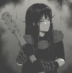 Rule 34 | 1girl, armor, black metal, burzum (band), chain, club, club (weapon), cosplay, gloves, greyscale, holding, holding club, holding weapon, lily (tyrone), long hair, looking at viewer, monochrome, original, parody, real life, shoulder armor, solo, spiked club, tyrone, varg vikernes, varg vikernes (cosplay), weapon