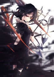 Rule 34 | 1girl, asymmetrical wings, black dress, black hair, black thighhighs, censored, darkness, dress, highres, hisona (suaritesumi), houjuu nue, index finger raised, looking at viewer, mosaic censoring, polearm, profile, red eyes, short hair, smile, solo, thighhighs, thighs, touhou, trident, ufo, weapon, wings, zettai ryouiki