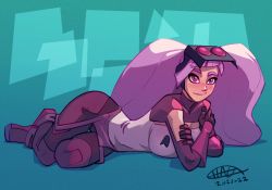 Rule 34 | 1girl, abstract background, artist name, black pants, blouse, blush, crossed arms, dated, entrapta, full body, goggles, goggles on head, hagfish, highres, long hair, lying, on side, pants, parted lips, purple eyes, purple hair, purple shirt, shadow, she-ra and the princesses of power, shirt, smile, solo, very long hair