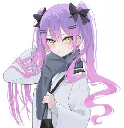 Rule 34 | 1girl, absurdres, bag, black bow, bow, dreamoon, ear piercing, green eyes, grey jacket, grey scarf, hair between eyes, hair bow, hand in own hair, handbag, highres, holding, holding bag, hololive, jacket, long hair, long sleeves, multicolored hair, open mouth, piercing, pink hair, scarf, simple background, sleeves past wrists, tokoyami towa, twintails, upper body, virtual youtuber, white background