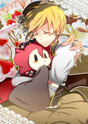 Rule 34 | 10s, 1girl, beret, blonde hair, cake, charlotte (madoka magica), closed eyes, cup, detached sleeves, drill hair, fingerless gloves, food, fruit, gloves, hair ornament, hat, hug, lace, magical girl, mahou shoujo madoka magica, mahou shoujo madoka magica (anime), pleated skirt, skirt, strawberry, teacup, tomoe mami, tousei