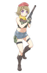 Rule 34 | 1girl, blush, boots, brown footwear, brown hair, camouflage, character cutout, denim, denim shorts, fingerless gloves, full body, gloves, green gloves, grey shorts, gun, hat, highres, holding, holding gun, holding weapon, knee boots, koizumi hanayo, looking at viewer, love live!, love live! school idol project, midriff, navel, parted lips, purple eyes, red hat, scarf, short hair, short shorts, shorts, simple background, solo, stance, standing, stomach, tetopetesone, thigh strap, weapon, white background, yellow scarf