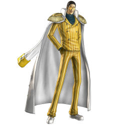 Rule 34 | 1boy, 3d, absurdres, borsalino (kizaru), cape, epaulettes, formal, full body, glasses, hands in pockets, highres, jacket, jacket on shoulders, official art, one piece, one piece: pirate warriors, pinstripe pattern, pinstripe suit, shoes, simple background, standing, striped, suit, sunglasses, white background, white footwear