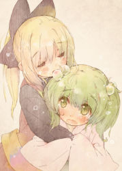 Rule 34 | 2girls, blonde hair, blush, bow, closed eyes, embarrassed, female focus, green eyes, green hair, hair bobbles, hair bow, hair ornament, hands in opposite sleeves, highres, hug, kisume, kurodani yamame, long hair, long sleeves, looking at another, looking up, multiple girls, open mouth, ponytail, shipu (toppintetratorten), short hair, simple background, touhou, twintails, wavy mouth, wide sleeves, yuri