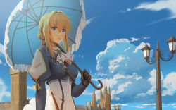 Rule 34 | 1girl, bird, blonde hair, blue eyes, blue jacket, blue sky, braid, brooch, brown gloves, building, cloud, day, french braid, gloves, hair between eyes, hair intakes, hair ribbon, highres, holding, holding umbrella, jacket, jewelry, parasol, parted lips, red ribbon, ribbon, sidelocks, sky, solo, tienao, umbrella, violet evergarden, violet evergarden (series), white neckwear