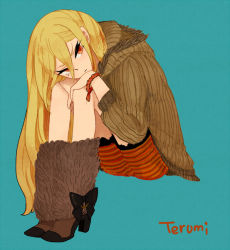 Rule 34 | 1boy, afuro terumi, blonde hair, boots, bracelet, fur boots, head rest, inazuma eleven, inazuma eleven (series), jewelry, l hakase, long hair, male focus, red eyes, solo, trap, very long hair