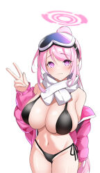 Rule 34 | 1girl, absurdres, bikini, black bikini, blue archive, breasts, closed mouth, coat, commentary, dori (choejeongmin7), eimi (blue archive), eimi (swimsuit) (blue archive), goggles, goggles on head, halo, highres, large breasts, long hair, looking at viewer, navel, official alternate costume, open clothes, open coat, pink coat, pink eyes, pink hair, pink halo, ponytail, scarf, side-tie bikini bottom, simple background, smile, solo, swimsuit, v, white background, white scarf