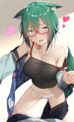 Rule 34 | 1girl, absurdres, animal ear fluff, animal ears, bare shoulders, belt, black shirt, blue shorts, breasts, brown belt, cleavage, collarbone, denim, denim shorts, fangs, fox ears, fox tail, glasses, green eyes, green hair, heart, highres, jacket, jewelry, large breasts, looking at viewer, necklace, off shoulder, open clothes, open jacket, pallad, panties, red-framed eyewear, semi-rimless eyewear, shirt, short hair, short shorts, shorts, sleeveless, sleeveless shirt, smile, solo, strap pull, string panties, tail, thighs, tongue, tongue out, under-rim eyewear, underwear, vrchat, white panties, yuyake hino