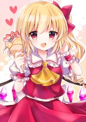 Rule 34 | 1girl, :d, arms up, ascot, blonde hair, commentary request, crepe, flandre scarlet, food, frilled shirt collar, frills, fruit, hair ribbon, hand in own hair, heart, highres, holding, holding food, looking at viewer, nagisa shizuku, no headwear, one side up, open mouth, outline, partial commentary, pink background, puffy short sleeves, puffy sleeves, red eyes, red skirt, red vest, ribbon, shirt, short hair, short sleeves, skirt, skirt set, smile, solo, standing, strawberry, touhou, upper body, vest, white shirt, wings, wrist cuffs, yellow ascot