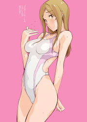 Rule 34 | 1girl, absurdres, bare shoulders, blonde hair, breasts, commentary request, competition swimsuit, closed eyes, highleg, highleg swimsuit, highres, humiyou, idolmaster, idolmaster million live!, long hair, looking at viewer, medium breasts, momose rio, one-piece swimsuit, pink background, simple background, solo, sweat, swimsuit, translation request