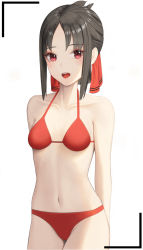 1girl, :d, absurdres, arms behind back, bangs, bare arms, bare shoulders, bikini, blush, breasts, brown hair, collarbone, commentary request, cowboy shot, eyebrows visible through hair, hair ribbon, halter top, halterneck, highres, kaguya-sama wa kokurasetai ~tensai-tachi no renai zunousen~, looking at viewer, merrick, navel, open mouth, parted bangs, red bikini, red eyes, red ribbon, revision, ribbon, shinomiya kaguya, shiny, shiny hair, short hair, sidelocks, simple background, small breasts, smile, solo, standing, stomach, swimsuit, swimwear, upper teeth, white background