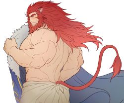 Rule 34 | 1boy, bad id, bad twitter id, bara, beard, blue cape, blush, caineghis (fire emblem), cape, facial hair, fire emblem, large pectorals, lion boy, long hair, male focus, mature male, muscular, muscular male, naked towel, nintendo, pectorals, red hair, sdz (inazuma), solo, tail raised, towel, white background
