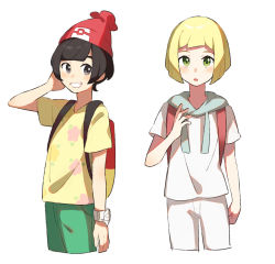 Rule 34 | 2boys, adapted costume, backpack, bag, beanie, black hair, blonde hair, blush, blush stickers, bracelet, cowboy shot, creatures (company), cropped legs, drawstring, floral print, game freak, genderswap, genderswap (ftm), green eyes, green shorts, grin, hand up, hat, jewelry, lillie (pokemon), looking at another, looking at viewer, looking to the side, male focus, multiple boys, nintendo, open mouth, poke ball symbol, poke ball theme, pokemon, pokemon sm, red headwear, selene (pokemon), shirt, short hair, short shorts, short sleeves, shorts, simple background, smile, standing, teeth, unapoppo, white background, white shirt, white shorts, yellow shirt