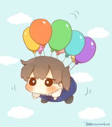 Rule 34 | 10s, 1girl, balloon, blue balloon, blush, brown hair, chibi, cloud, commentary, day, floating, green balloon, ina (1813576), japanese clothes, kaga (kancolle), kantai collection, long hair, side ponytail, sky, solo, twitter username, yellow balloon