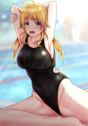 Rule 34 | 1girl, aga marino, ahoge, arms behind head, black one-piece swimsuit, blonde hair, blue eyes, blurry, blurry background, breasts, competition swimsuit, feet out of frame, groin, hachimiya meguru, idolmaster, idolmaster shiny colors, kneeling, large breasts, looking at viewer, low twintails, one-piece swimsuit, pool, solo, swimsuit, twintails