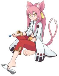 Rule 34 | 1girl, animal ear fluff, animal ears, barefoot, blazblue, bracelet, candy, cat ears, cat girl, eyelashes, fang, feet, food, frown, glasses, grey jacket, hair between eyes, hair over shoulder, hair ribbon, high heels, highres, holding, invisible chair, jacket, jewelry, kokonoe (blazblue), lollipop, long hair, navel, orange eyes, pants, pink hair, ponytail, red pants, ribbon, sandals, shadow, shoe dangle, shoes, short eyebrows, sidelocks, single shoe, sitting, softhanten, soles, solo, thick eyebrows, toes, twitter username, two side up, wedge heels, white background