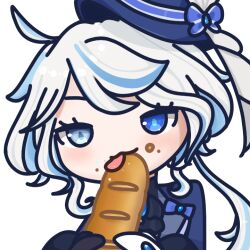 Rule 34 | 1girl, ahoge, animated, animated gif, asymmetrical gloves, baguette, black gloves, blue bow, blue eyes, blue hair, blue hat, blue jacket, bow, bread, brooch, chibi, food, food on face, furina (genshin impact), genshin impact, gloves, hat, hat bow, heterochromia, holding, jacket, jacolers, jewelry, licking, mismatched gloves, multicolored hair, sexually suggestive, short hair, simple background, solo, streaked hair, top hat, upper body, white background, white gloves, white hair
