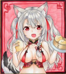 Rule 34 | :3, airi (akamichiaika), animal ear fluff, animal ears, azur lane, baozi, bare shoulders, braid, breasts, breasts apart, chinese clothes, collarbone, fang, food, grey hair, hair between eyes, hair ribbon, highres, holding, holding food, holding tray, long hair, looking at viewer, marker (medium), medium breasts, open mouth, red eyes, red ribbon, revealing clothes, ribbon, short twintails, skin fang, solo, tail, thick eyebrows, traditional media, tray, twintails, upper body, wolf ears, wolf girl, wolf tail, yuudachi (azur lane)
