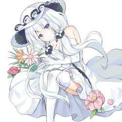 Rule 34 | 1girl, azur lane, bare shoulders, breasts, cleavage, detached collar, dress, elbow gloves, flower, garter straps, gloves, hat, highres, illustrious (azur lane), large breasts, long hair, looking at viewer, pink flower, red flower, simple background, sleeveless, sleeveless dress, smile, solo, strapless, strapless dress, sun hat, swami, thighhighs, white background, white dress, white gloves, white hair, white hat, white thighhighs, yellow flower