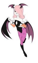 Rule 34 | 1girl, artist request, bare shoulders, boots, character request, collarbone, cosplay, demon wings, female focus, full body, highres, little witch academia, looking at viewer, morrigan aensland, morrigan aensland (cosplay), pink hair, red eyes, simple background, solo, tagme, weapon, white background, wings