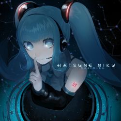 Rule 34 | aqua eyes, aqua hair, bad id, bad pixiv id, character name, finger to mouth, hatsune miku, headset, highres, long hair, necktie, ohisashiburi, smile, solo, twintails, vocaloid