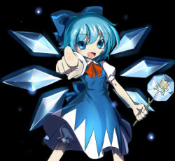 Rule 34 | 1girl, ascot, bad id, bad pixiv id, black background, bloomers, blue bow, blue eyes, blue hair, blush stickers, bow, cirno, dress, drop shadow, frog, frozen, frozen frog, hair bow, ice, ice wings, light particles, open mouth, pointing, pointing at viewer, pyonta, shiroton (kazamineko), short hair, short sleeves, solo, stick, touhou, underwear, wings