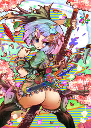 Rule 34 | &gt;:(, 1girl, :t, ass, bangle, blue hair, blush, bottomless, bracelet, candle, cherry blossoms, colorful, dango, eating, eyebrows, female focus, fingerless gloves, flower, food, from behind, frown, ghost, gloves, gradient hair, hair ornament, hairband, highres, hip focus, jewelry, kage houshi, katana, konpaku youmu, konpaku youmu (ghost), looking at viewer, looking back, multicolored hair, no panties, petals, pink hair, sheath, sheathed, short hair, silver hair, solo, sword, thighhighs, touhou, v-shaped eyebrows, wagashi, weapon, wrist cuffs, wristband
