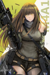 Rule 34 | 1girl, ammunition pouch, armband, assault rifle, bare shoulders, black gloves, black shorts, brown hair, bullet, closed mouth, commentary, detached sleeves, english commentary, girls&#039; frontline, gloves, green shirt, gun, highres, holding, holding gun, holding weapon, long hair, m4 carbine, m4a1 (girls&#039; frontline), m4a1 (mod3) (girls&#039; frontline), mod3 (girls&#039; frontline), multicolored hair, personification, pouch, ribbed shirt, rifle, shell casing, shirt, shorts, signature, sleeveless, sleeveless shirt, solo, standing, strap, streaked hair, thighs, weapon, x-kulon, yellow eyes